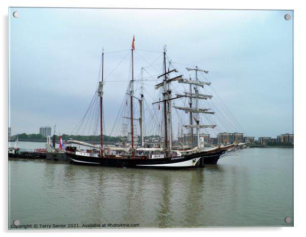 Oosterschelde and the Thalassa Tall Ships moored at Greenwich 2014 Acrylic by Terry Senior