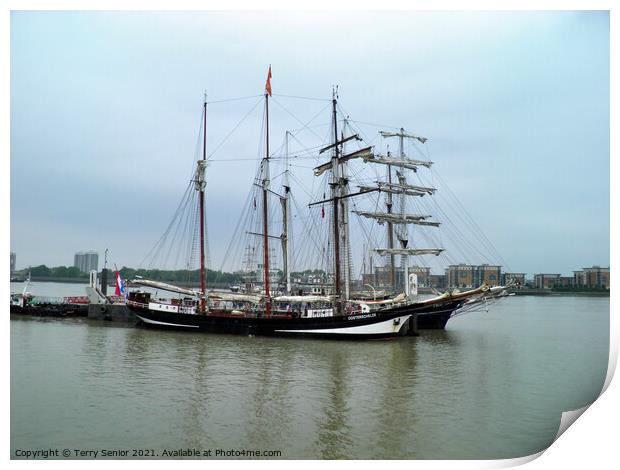 Oosterschelde and the Thalassa Tall Ships moored at Greenwich 2014 Print by Terry Senior