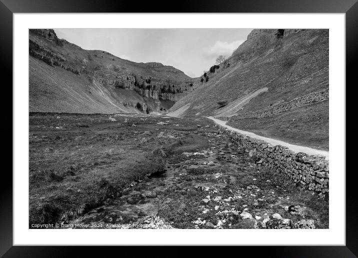 Gordale Scar and beck Yorkshire Dales Monochrome Framed Mounted Print by Diana Mower