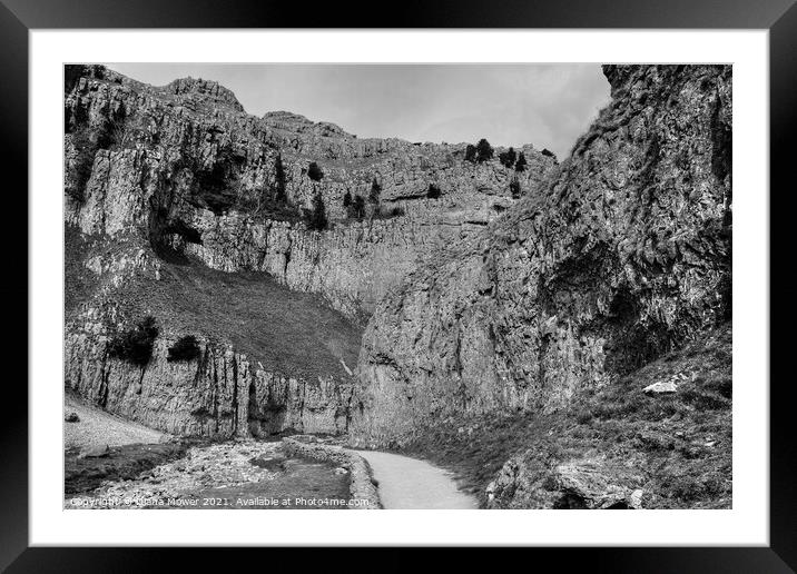 Gordale Scar and beck Yorkshire Dales Black and Wh Framed Mounted Print by Diana Mower