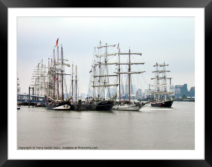 Oosterschelde, Thalassa, Tolkien and Mercedes on the Thames in Greenwich Framed Mounted Print by Terry Senior