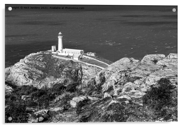 South Stack Lighthouse Anglesey Monochrome  Acrylic by Nick Jenkins