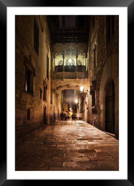 Gothic Quarter in Barcelona at Night Framed Mounted Print by Artur Bogacki