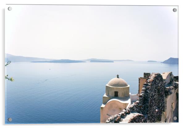 Santorini, Greece - September 11, 2017: Wide angle view of typical Church dome in Firostefani village and sea view with mountains in oia region against mediterranean sea. Acrylic by Arpan Bhatia