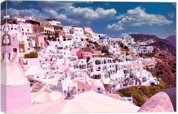 Santorini, Greece : Wide angle cityscape of White houses and blue domes of the churches dominate the Aegean Sea, Oia, Island of Santorini, Cyclades, Greek Islands, Europe Canvas Print by Arpan Bhatia