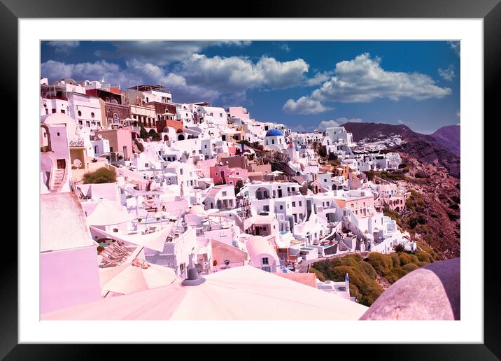 Santorini, Greece : Wide angle cityscape of White houses and blue domes of the churches dominate the Aegean Sea, Oia, Island of Santorini, Cyclades, Greek Islands, Europe Framed Mounted Print by Arpan Bhatia