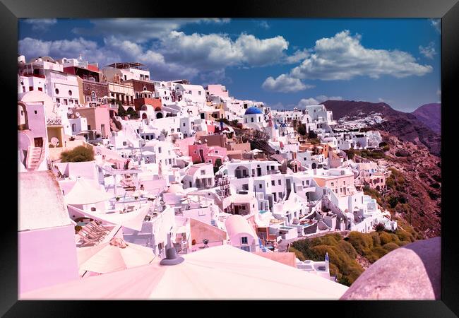 Santorini, Greece : Wide angle cityscape of White houses and blue domes of the churches dominate the Aegean Sea, Oia, Island of Santorini, Cyclades, Greek Islands, Europe Framed Print by Arpan Bhatia