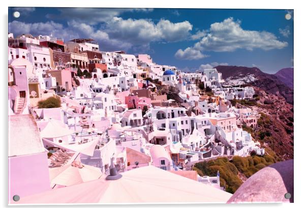 Santorini, Greece : Wide angle cityscape of White houses and blue domes of the churches dominate the Aegean Sea, Oia, Island of Santorini, Cyclades, Greek Islands, Europe Acrylic by Arpan Bhatia