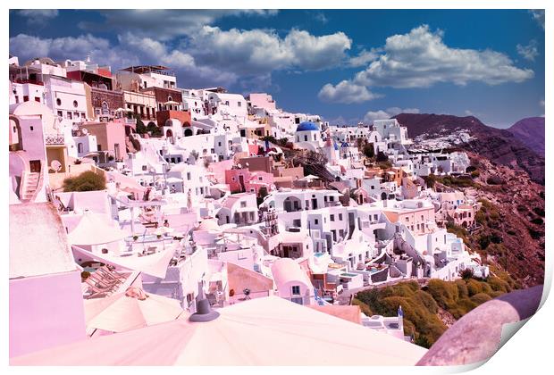 Santorini, Greece : Wide angle cityscape of White houses and blue domes of the churches dominate the Aegean Sea, Oia, Island of Santorini, Cyclades, Greek Islands, Europe Print by Arpan Bhatia