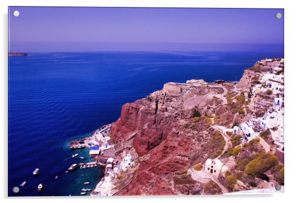 Imerovigli, Santorini, South Aegean, Greece. View to the clifftop village during daytime. Wide angle shot of houses on a volcanic mountain against blue mediterranean sea in Oia Acrylic by Arpan Bhatia