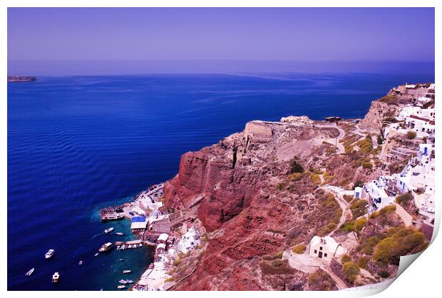 Imerovigli, Santorini, South Aegean, Greece. View to the clifftop village during daytime. Wide angle shot of houses on a volcanic mountain against blue mediterranean sea in Oia Print by Arpan Bhatia