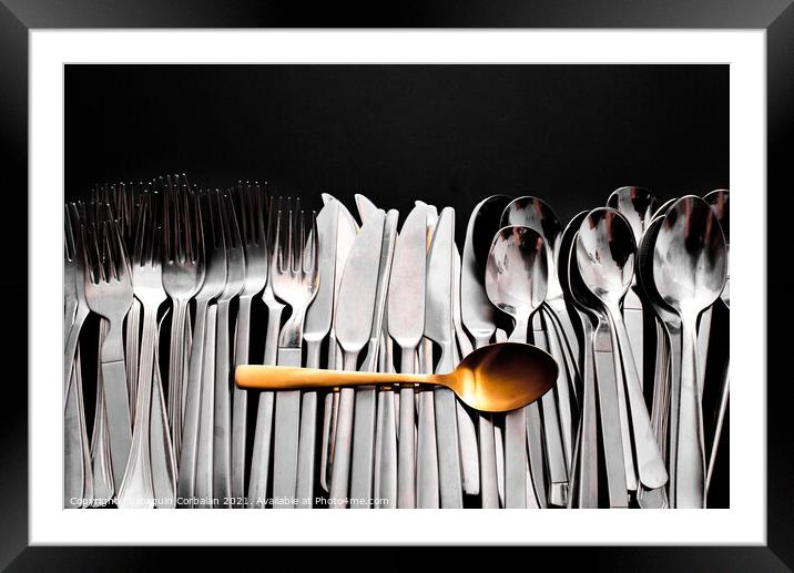 A luxury golden spoon stands out from the rest of the simpler an Framed Mounted Print by Joaquin Corbalan