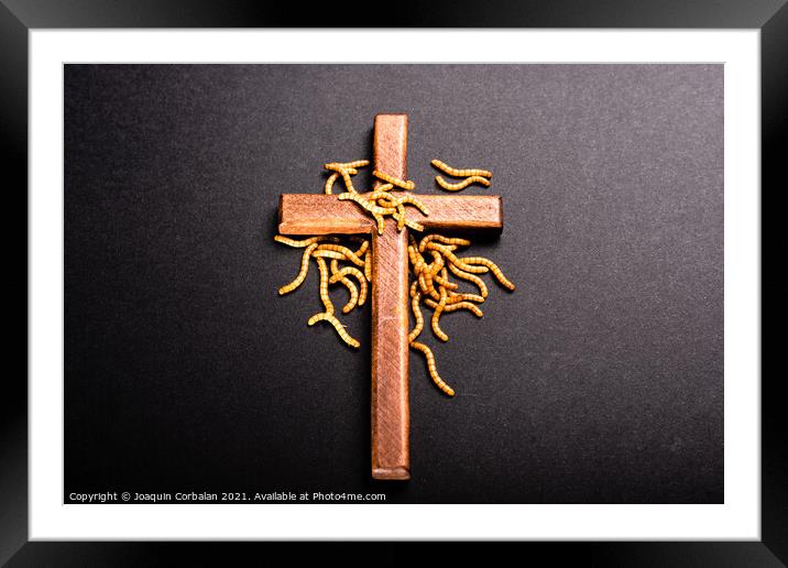 Christian wooden cross attacked by worms that rot the roots of C Framed Mounted Print by Joaquin Corbalan
