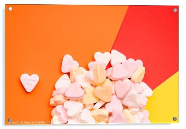 Word love in English on a candy heart, sweet image for Valentine Acrylic by Joaquin Corbalan