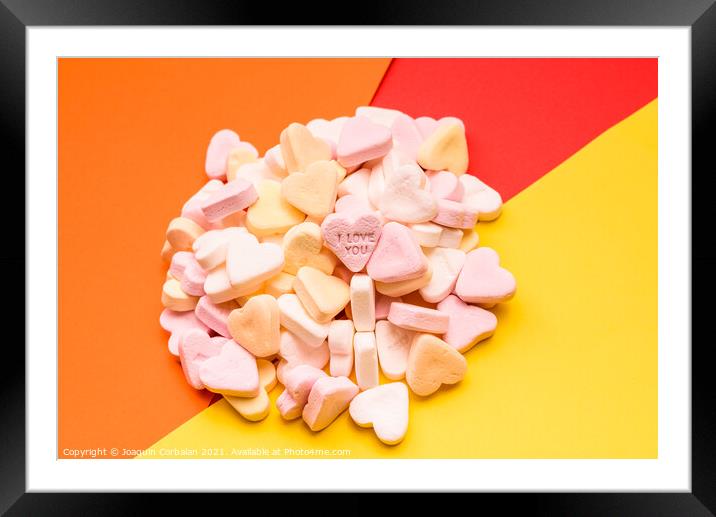 Love wishes and I Love You messages engraved on a sweet heart-sh Framed Mounted Print by Joaquin Corbalan