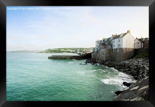High Tide at Bamaluz Beach St Ives Framed Print by Terri Waters