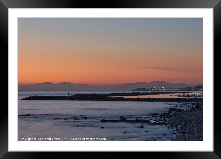 Beautiful scenery of the sea at sunset and Diamante village in Cosenza, Italy Framed Mounted Print by Alessandro Mari