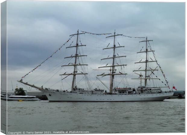 Dar Mlodziezy three mast Tall Ship on the River Thames at Greenwich Regatta Canvas Print by Terry Senior