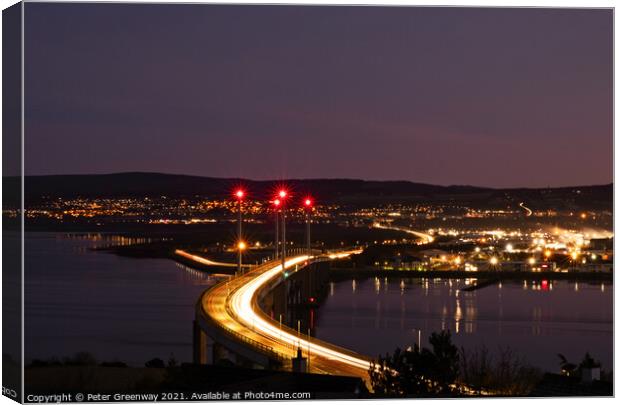 Light Trails Over Kessock Bridge In Inverness After Dark Canvas Print by Peter Greenway