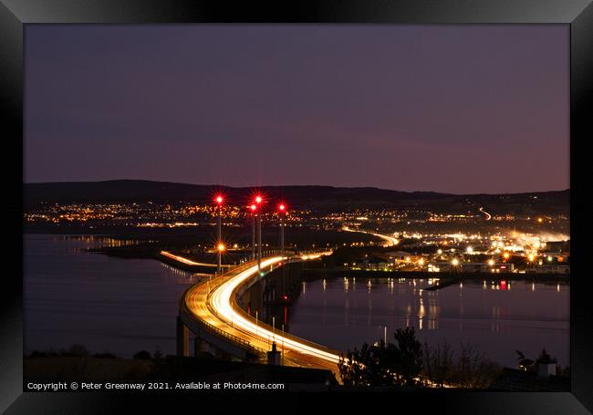 Light Trails Over Kessock Bridge In Inverness After Dark Framed Print by Peter Greenway