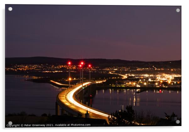 Light Trails Over Kessock Bridge In Inverness After Dark Acrylic by Peter Greenway