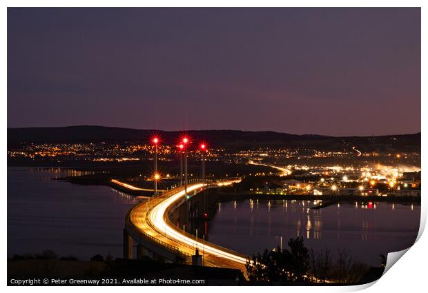 Light Trails Over Kessock Bridge In Inverness After Dark Print by Peter Greenway