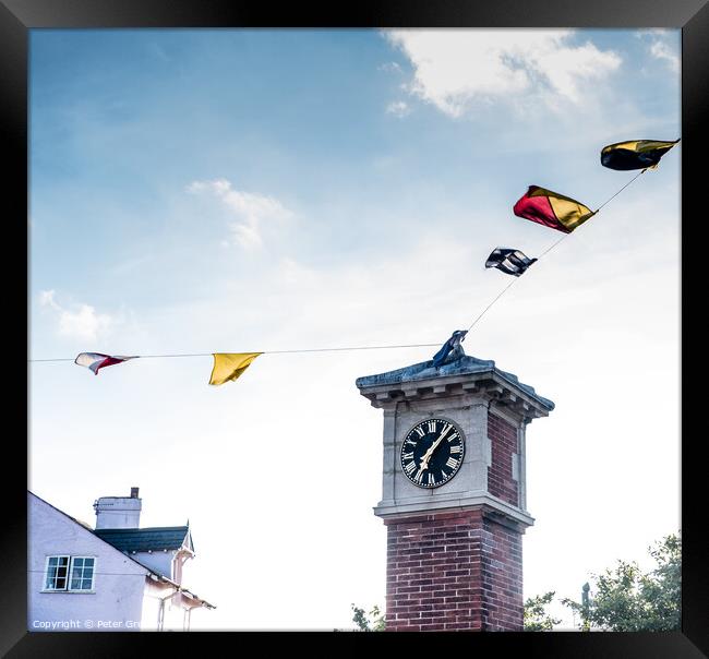 Regatta Bunting On The Clock Tower In Shaldon, Dev Framed Print by Peter Greenway