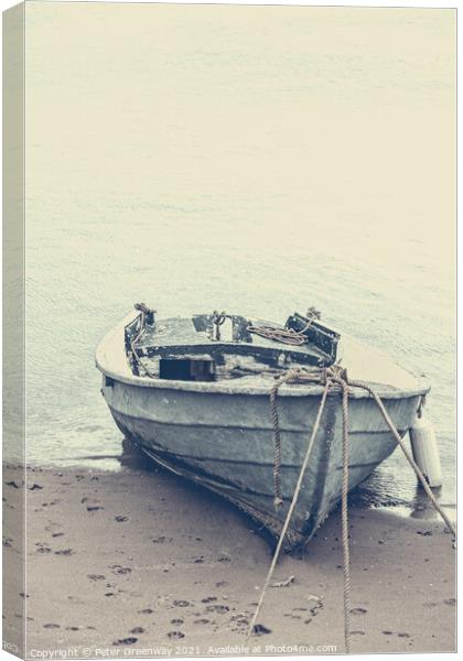 Moored Rowing Boat At Low Tide, Shaldon, Devon Canvas Print by Peter Greenway