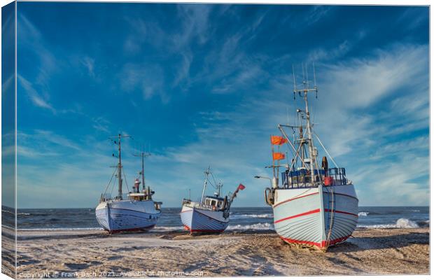 Coastal fishing boats vessels at Thorup beach in Western Denmark Canvas Print by Frank Bach