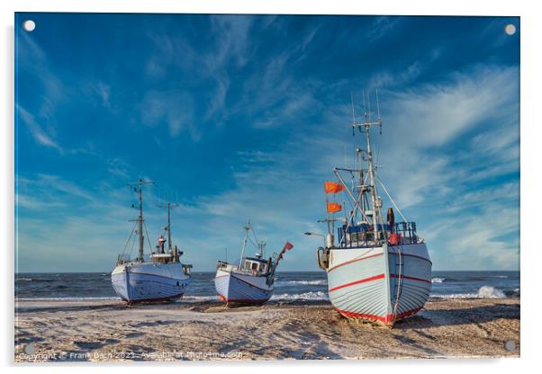 Coastal fishing boats vessels at Thorup beach in Western Denmark Acrylic by Frank Bach