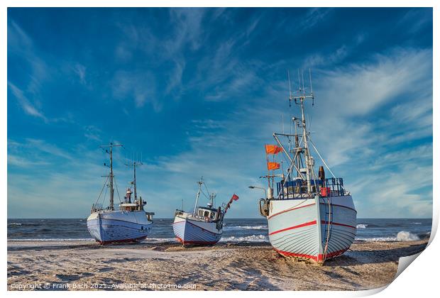 Coastal fishing boats vessels at Thorup beach in Western Denmark Print by Frank Bach
