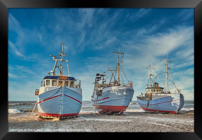 Coastal fishing boats vessels at Thorup beach in Western Denmark Framed Print by Frank Bach