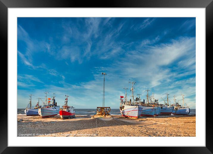 Coastal fishing boats vessels at Thorup beach in Western Denmark Framed Mounted Print by Frank Bach
