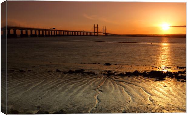 Severn Estuary and Prince of Wales Bridge at sunset, UK Canvas Print by Geraint Tellem ARPS