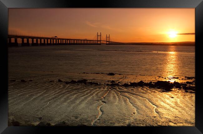 Severn Estuary and Prince of Wales Bridge at sunset, UK Framed Print by Geraint Tellem ARPS