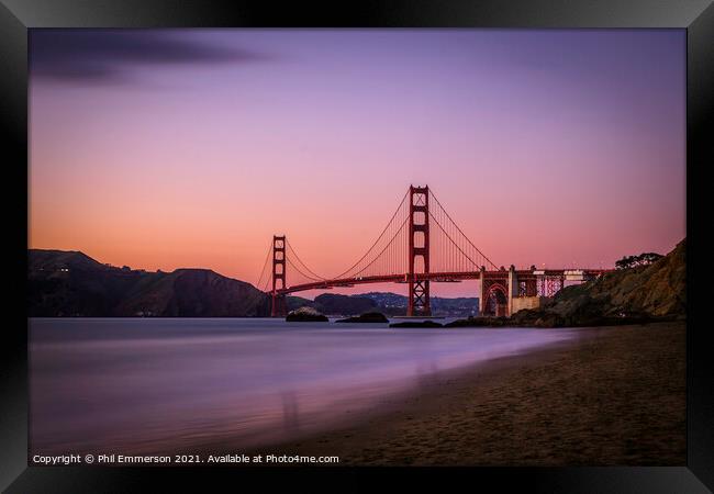 Dusk at the Golden Gate Bridge Framed Print by Phil Emmerson