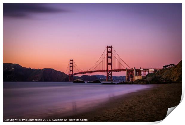 Dusk at the Golden Gate Bridge Print by Phil Emmerson