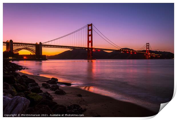 Dusk at the Golden Gate Bridge Print by Phil Emmerson