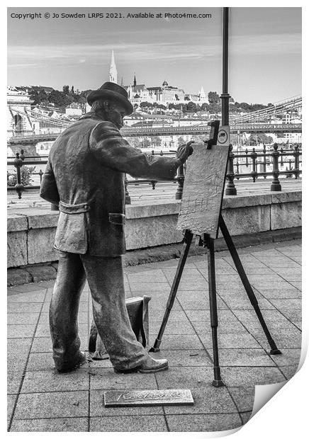 Budapest Statue along the Danube Print by Jo Sowden