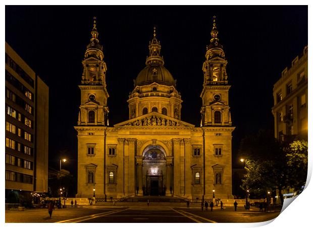 St Stephen's Basilica at night,  Budapest Print by Jo Sowden