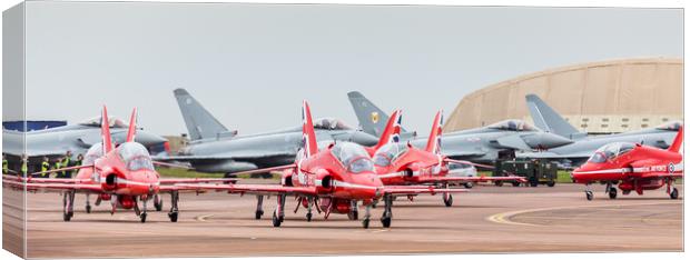 Red Arrows taxi in front of four Typhoons Canvas Print by Jason Wells