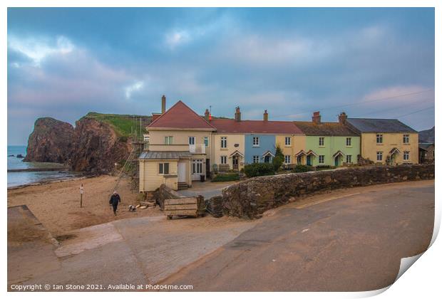 Fisherman’s cottages,Hope Cove. Print by Ian Stone