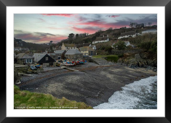 Cadgwith Cove Cornwall, sunset,red skies Framed Mounted Print by kathy white