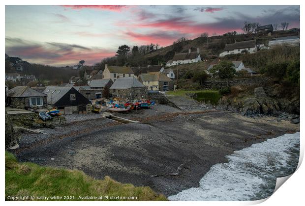 Cadgwith Cove Cornwall, sunset,red skies Print by kathy white