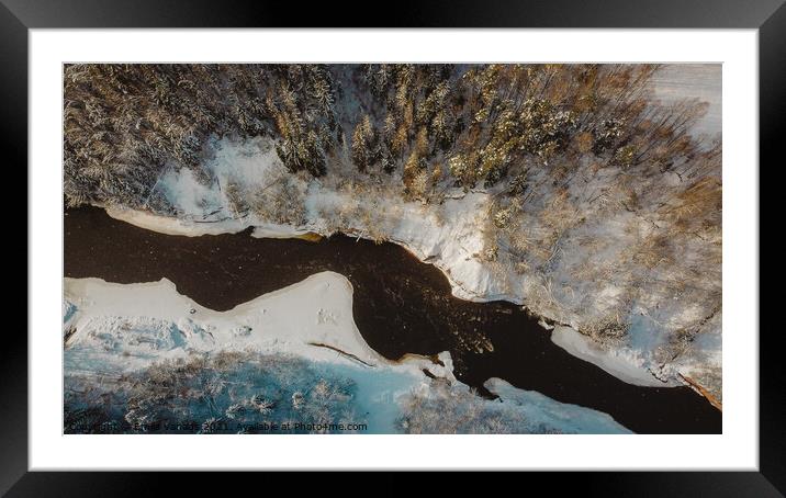 Aerial shot winter of forest river surrounded by greens and trees	 Framed Mounted Print by Emils Vanags