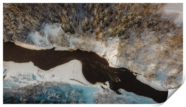 Aerial shot winter of forest river surrounded by greens and trees	 Print by Emils Vanags