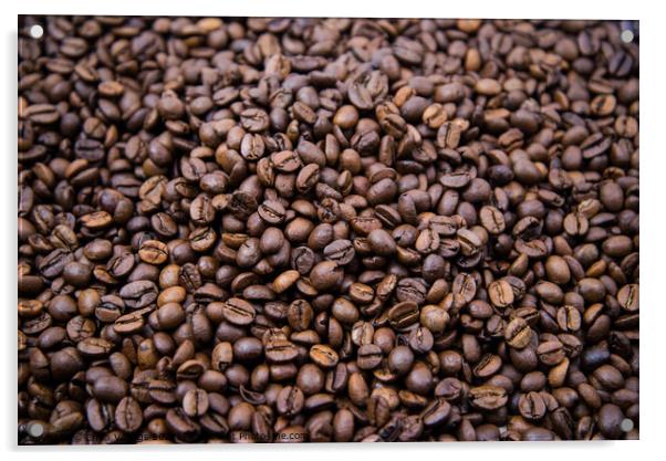 top view of fresh roasted coffee beans background. Background of roasted coffee beans	 Acrylic by Emils Vanags