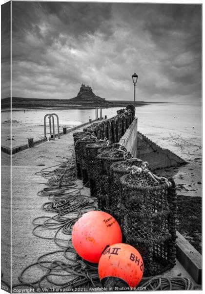 Lobster Pots and Lindisfarne Canvas Print by Viv Thompson