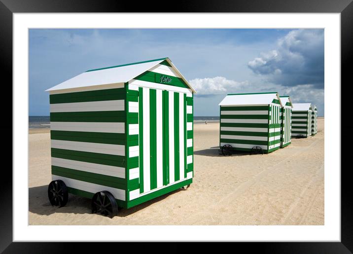 Green and White Beach Huts on Wheels Framed Mounted Print by Arterra 