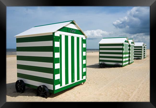 Green and White Beach Huts on Wheels Framed Print by Arterra 